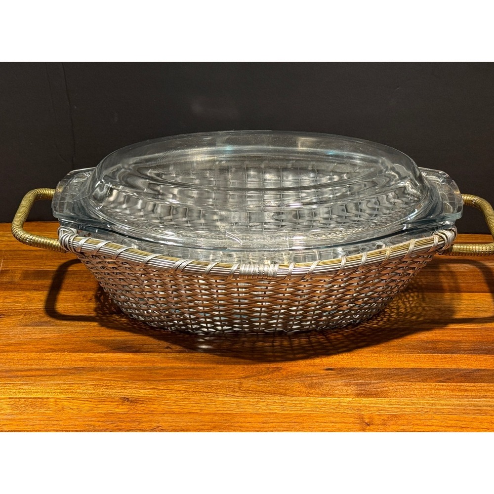 VTG Marinex Oval Glass Casserole Dish with Lid and Woven Metal Basket Carrier